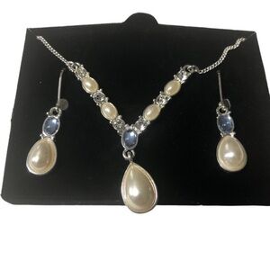 SHA 18" WHITE RHINESTONE‎ PEARL TEARDROP PENDANT NECKLACE Jewerly Set